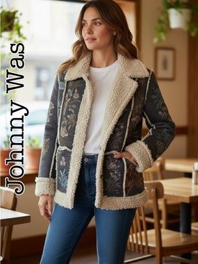 Johnny Was Biya Charcoal Floral Sherpa-Trim Jacket with Cream Accents Size Small